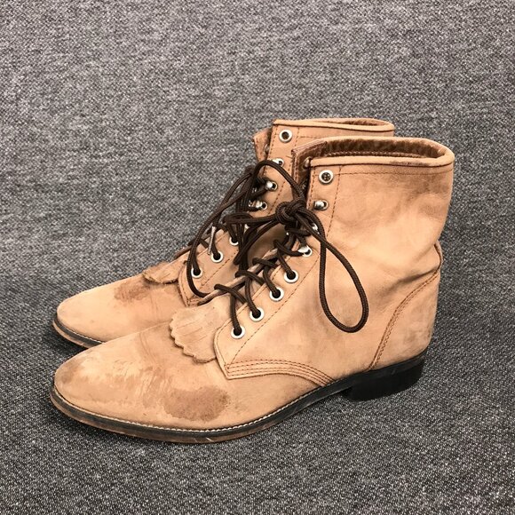 Justin Women's Distressed Brown Leather Lace-Up Western Cowgirl Boots Size 5 - Picture 1 of 10
